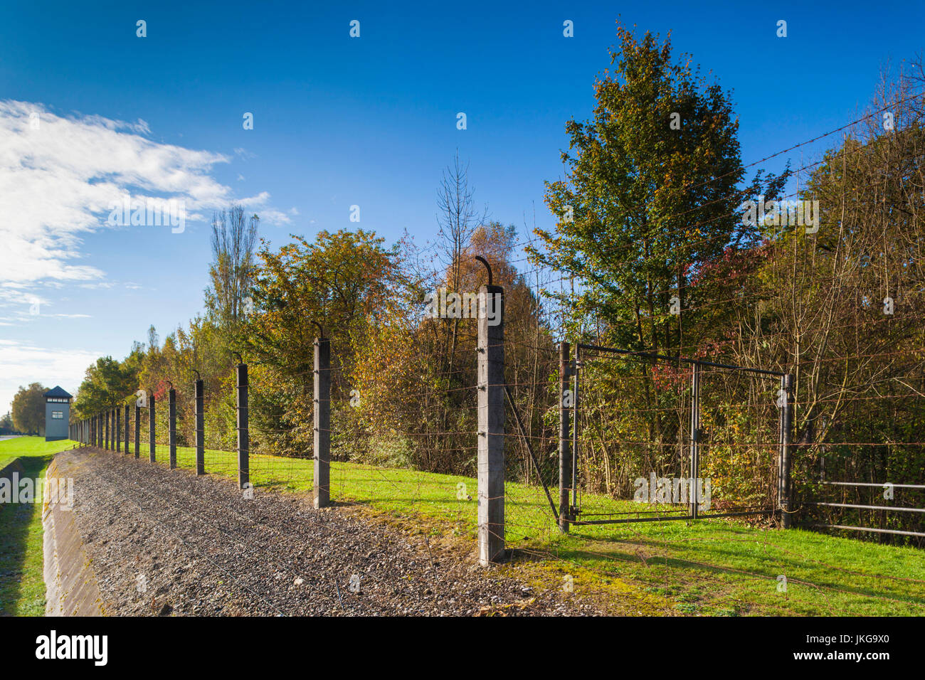 Germany, Bavaria, Munich - Dachau, WW-2 era Nazi concentration camp, fence Stock Photo