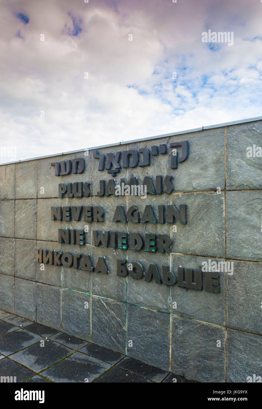 Germany, Bavaria, Munich - Dachau, WW-2 era Nazi concentration camp, memorial, Never Again! Stock Photo