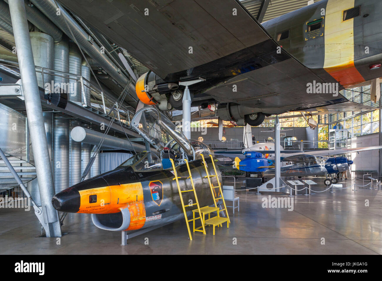 Germany, Bavaria, Munich - Oberschleissheim, Deutsches Museum Aviation Collection, housed at former NATO airfield, Fiat G-91 jete fighter and DC-3 transport Stock Photo