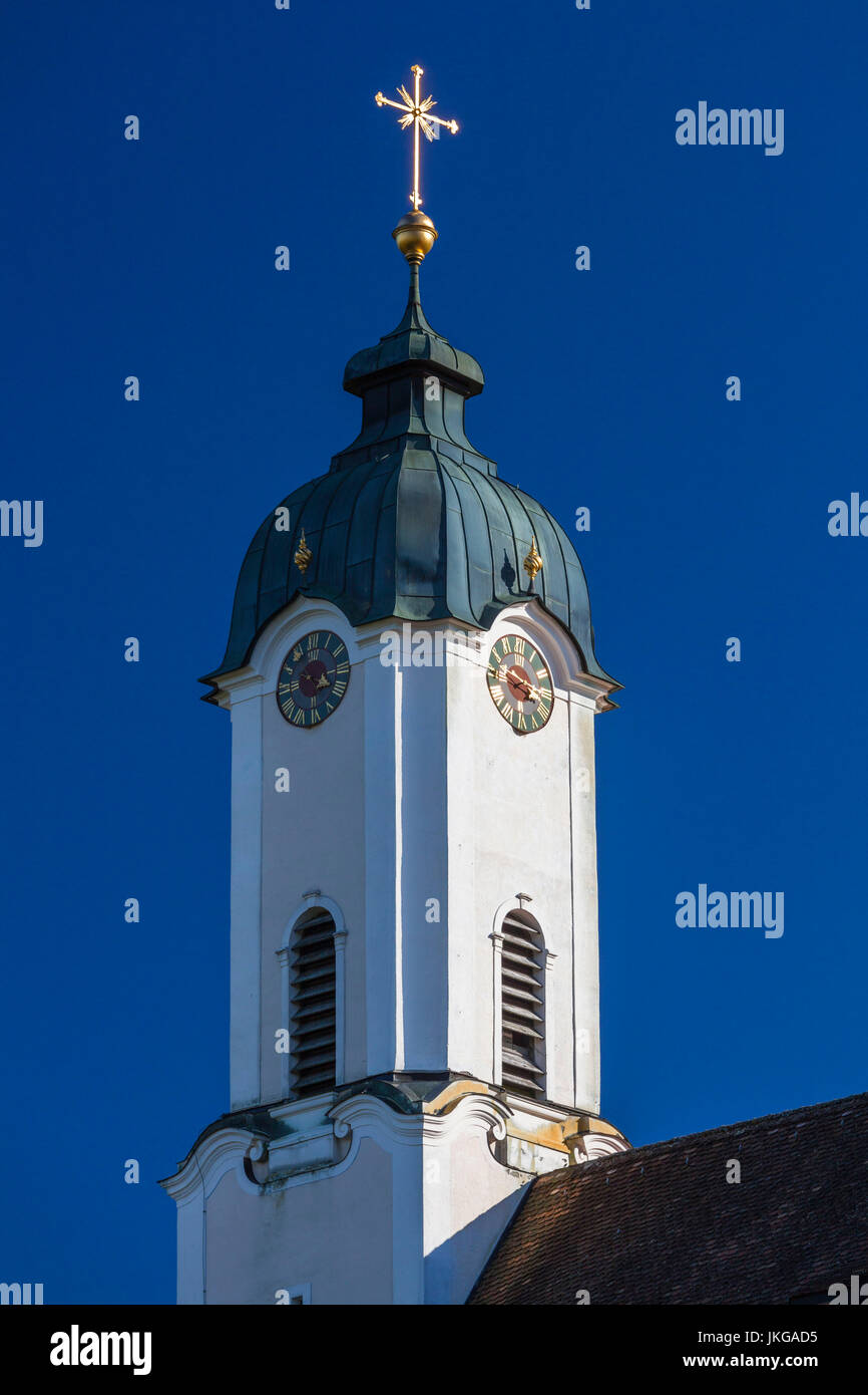 Germany, Bavaria, Wies, Wieskirche church, Bavarian rococo church by Dominikus Zimmerman, 1754, steeple Stock Photo