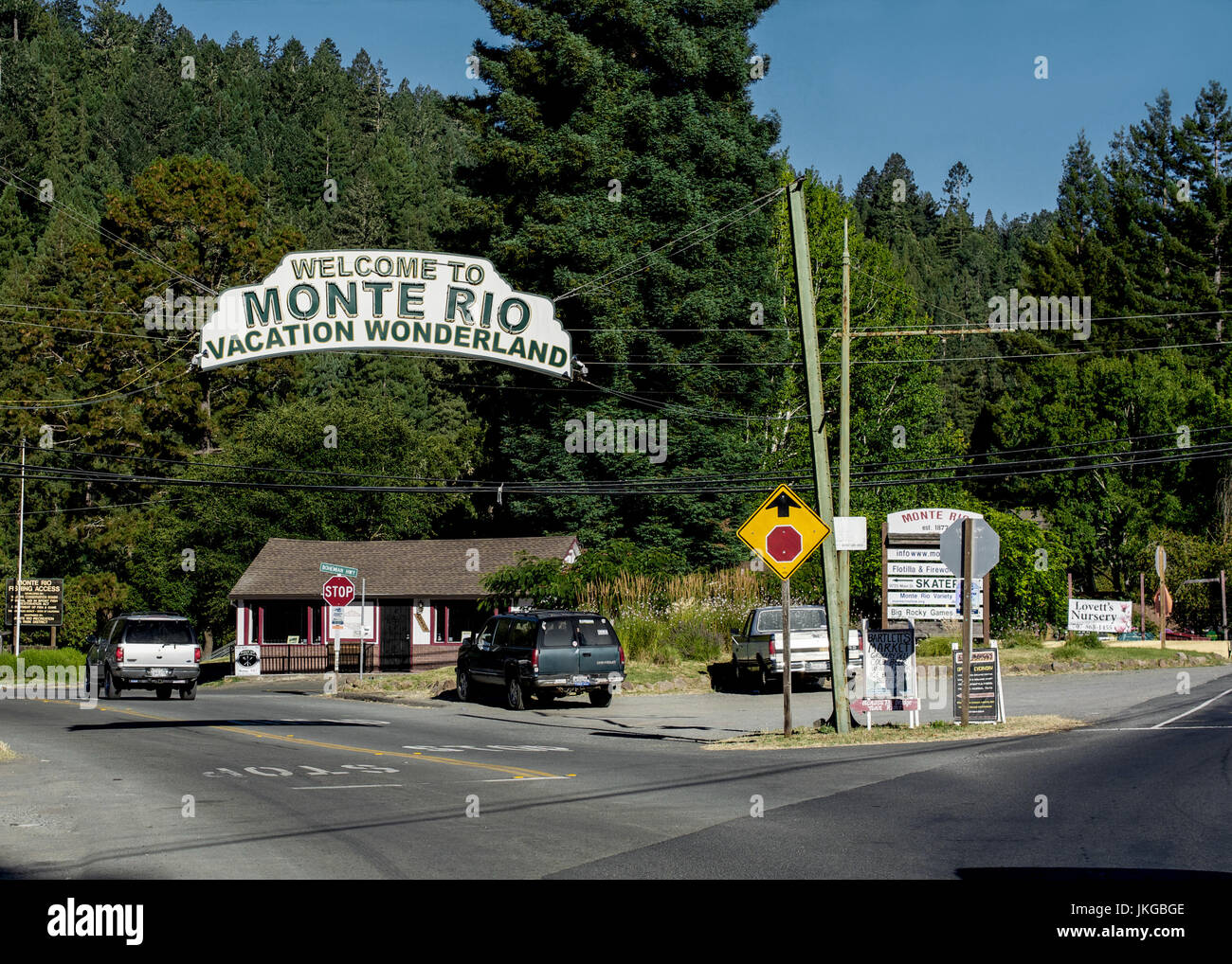Welcome to Monte Rio sign. Monte Rio is a small town in Sonoma County, California, USA, near the coast Stock Photo