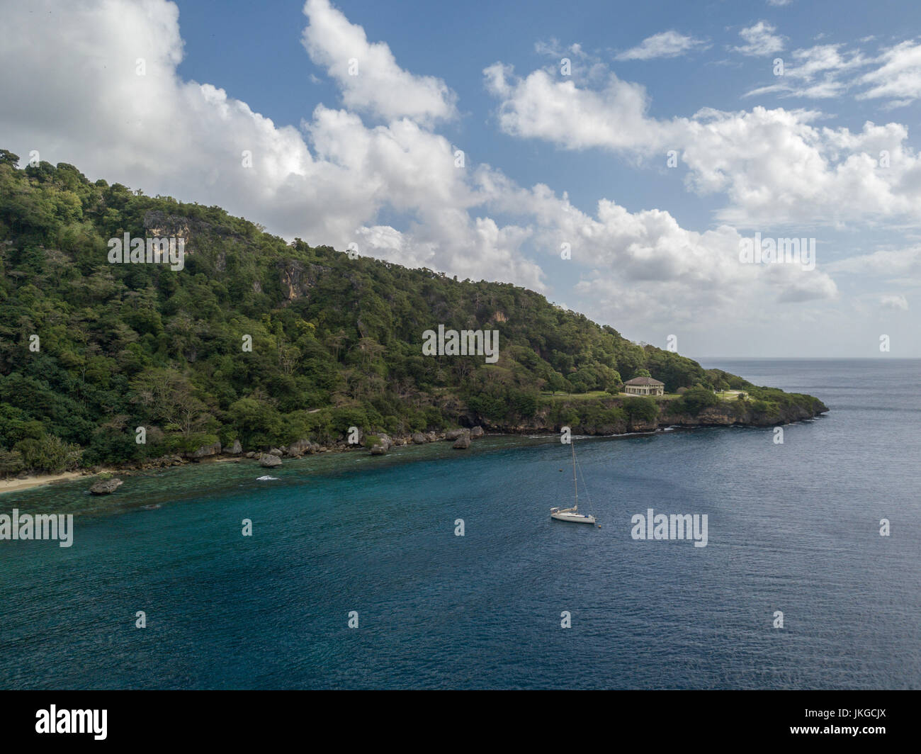 Flying Fish Cove is the capital city and main settlement of Australia's Christmas Island.  The images taken by a drone. Stock Photo