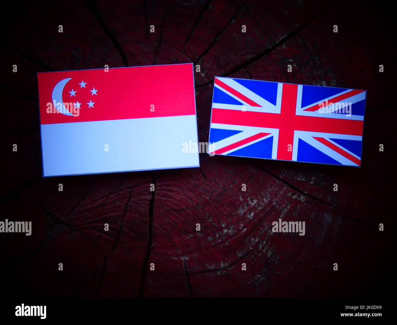 Singaporean flag with UK flag on a tree stump isolated Stock Photo