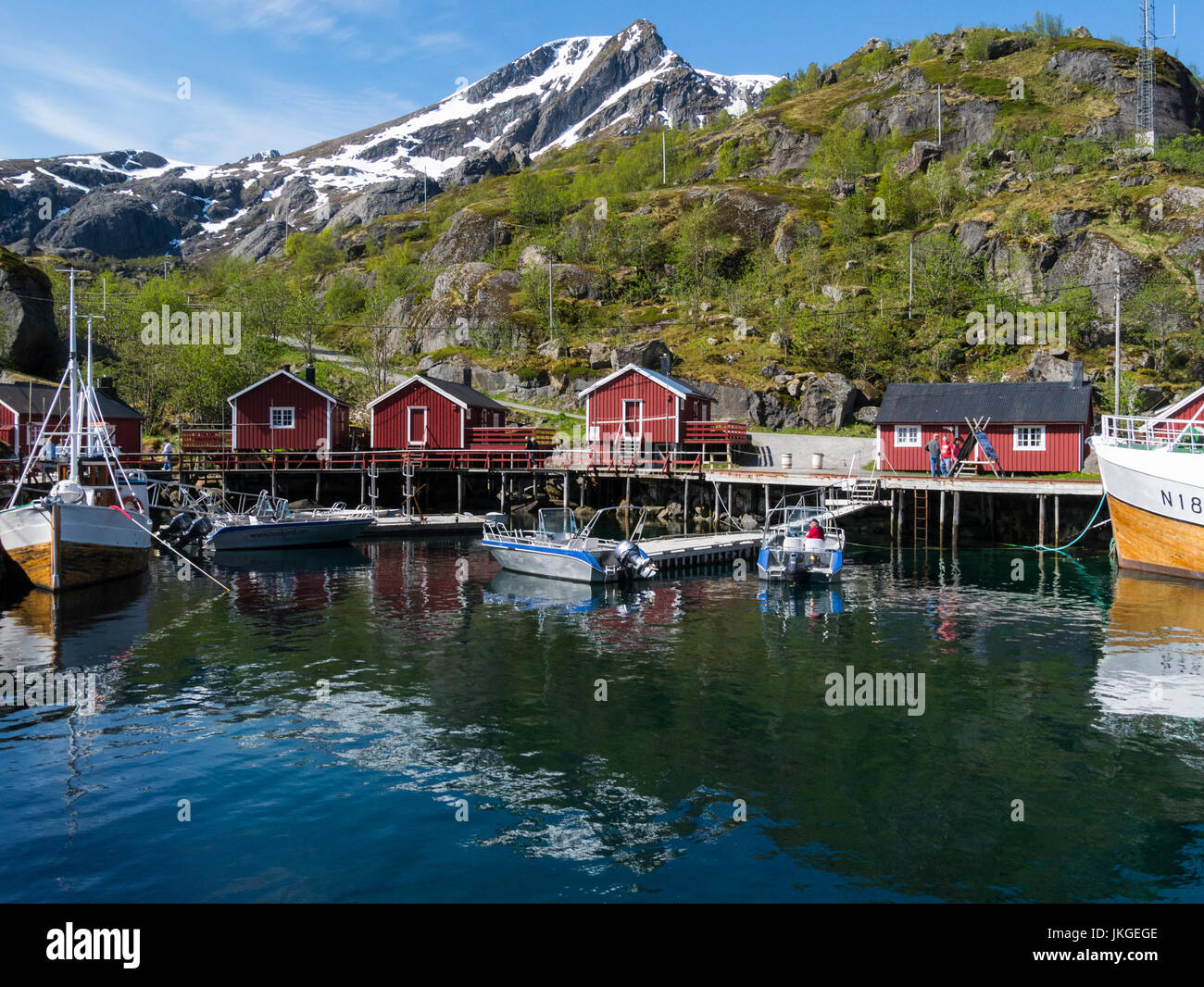 Nusfjord harbour in old preserved fishing village now a museum and holiday resort Flakstadøy one of main islands of Lofoten archipelago Norway Stock Photo