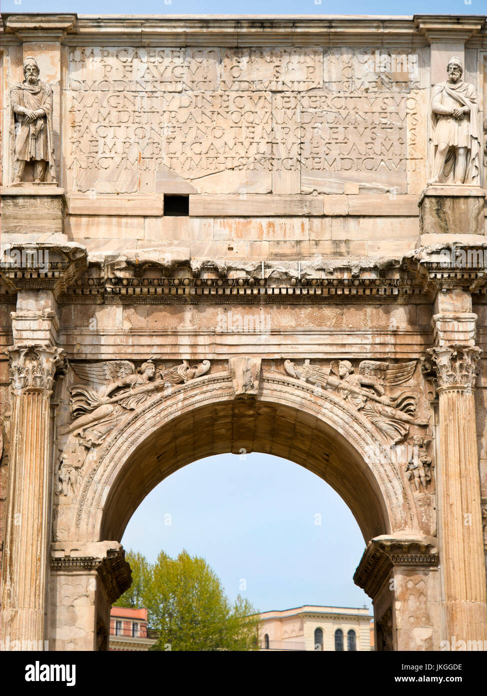 Vertical close up view of the Arch of Constantine in Rome. Stock Photo