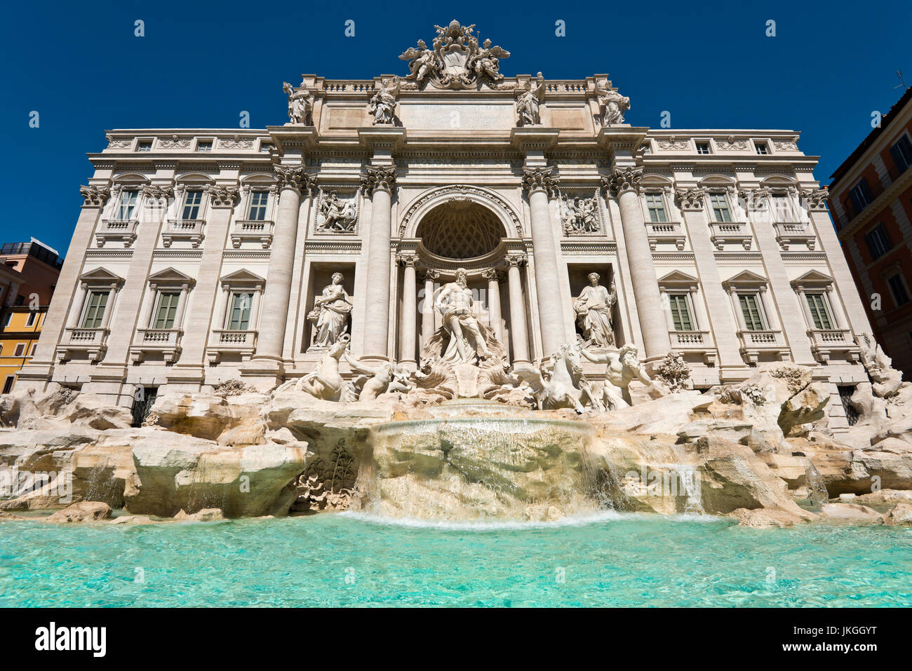 Horizontal close up view of the Trevi Fountain in Rome. Stock Photo