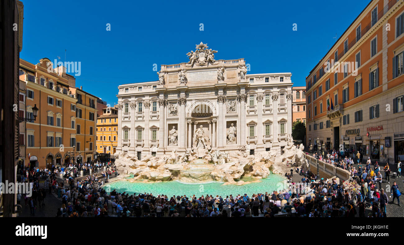 Horizontal panoramic view of the Trevi Fountain in Rome. Stock Photo