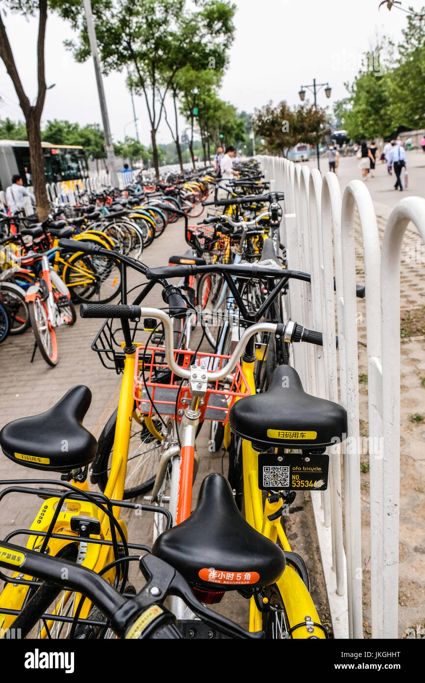 Shared bikes on the sidewalk of Beijing, China Stock Photo