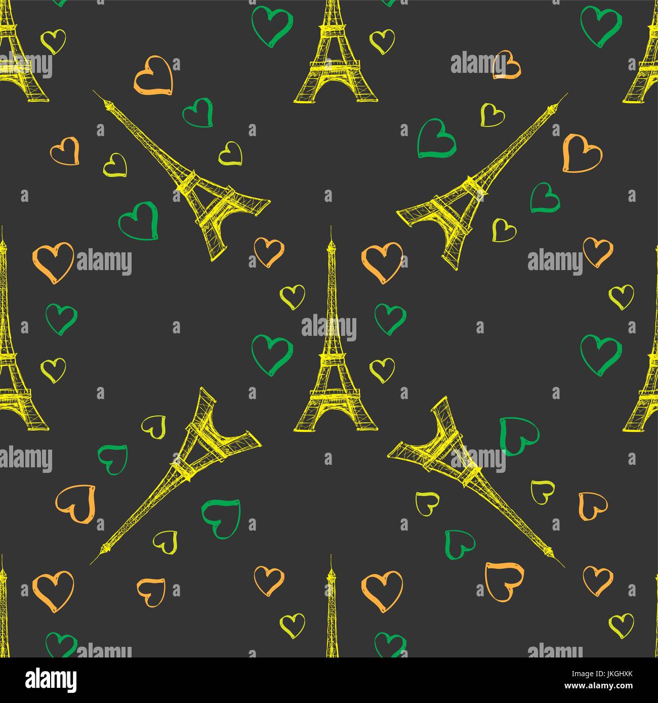Seamless pattern Eiffel Tower with hearts on black.Hand drawing . Seamless pattern can be used for wallpaper, pattern fills, web page backgrounds, sur Stock Vector