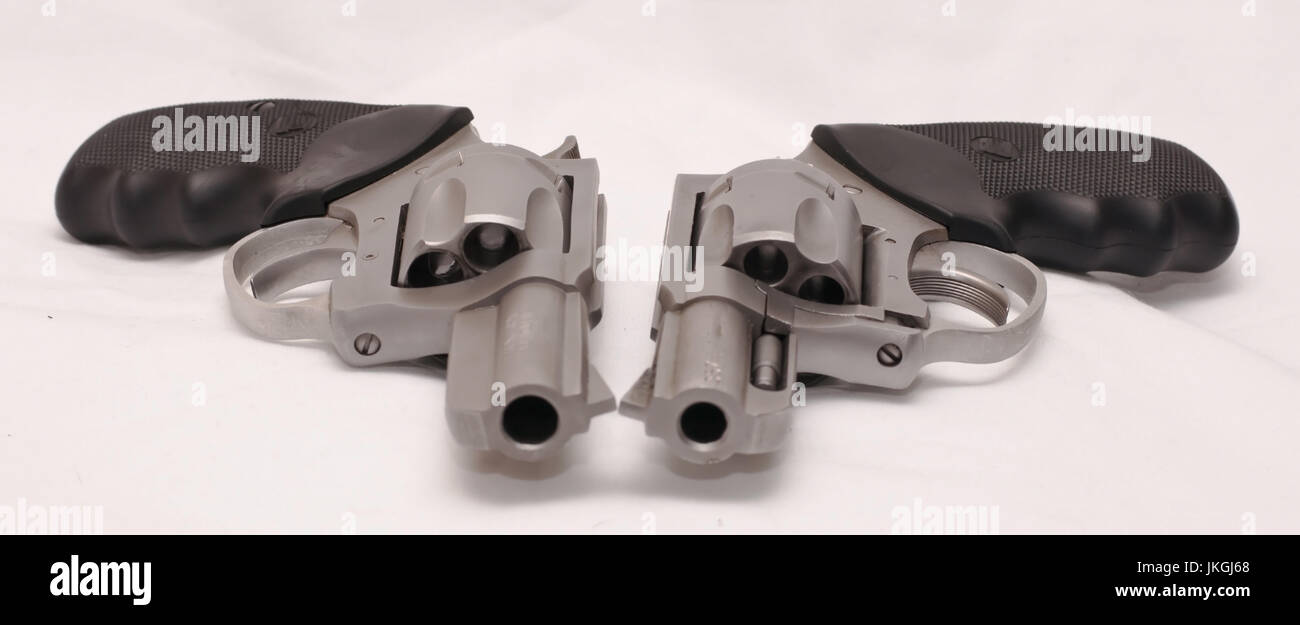 Two stainless revolvers, a 357 magnum and a 44spl, side by side, Stock Photo