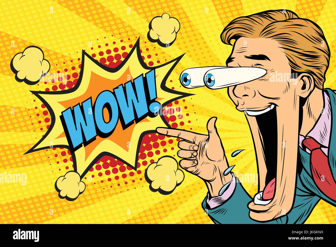 Hyper expressive reaction cartoon wow man face, big eyes and wid Stock Vector
