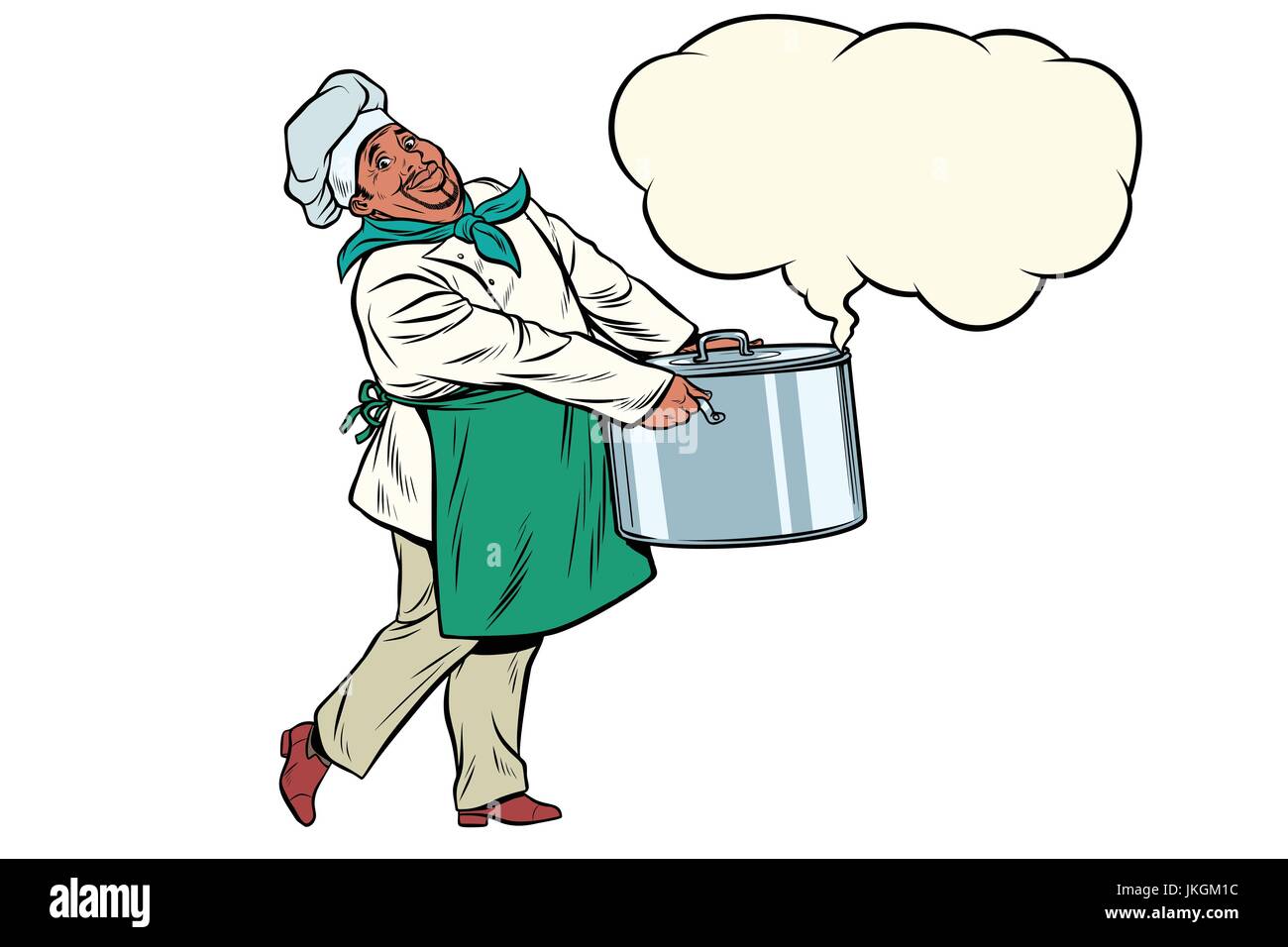 African chef holding a hot pot, cloud of steam Stock Vector