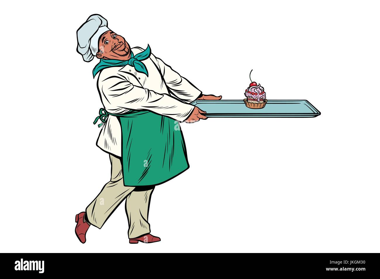 African Chef cook brings a tray of dessert cupcake Stock Vector