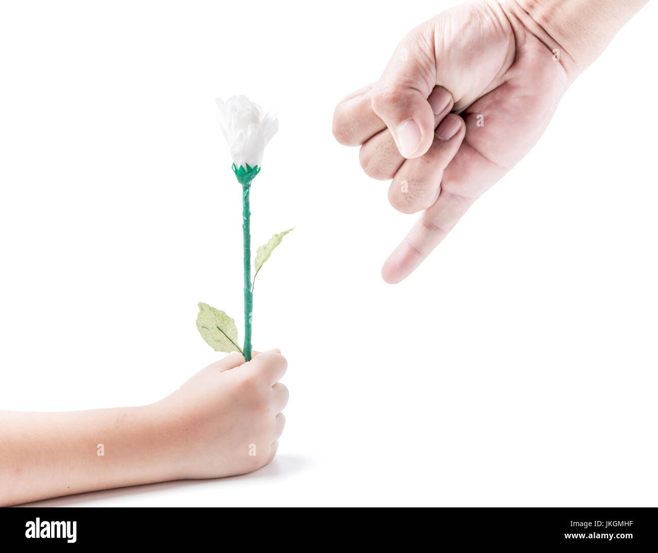 finger hand symbols and flower in hand girl isolated on white background, concept reconcile or