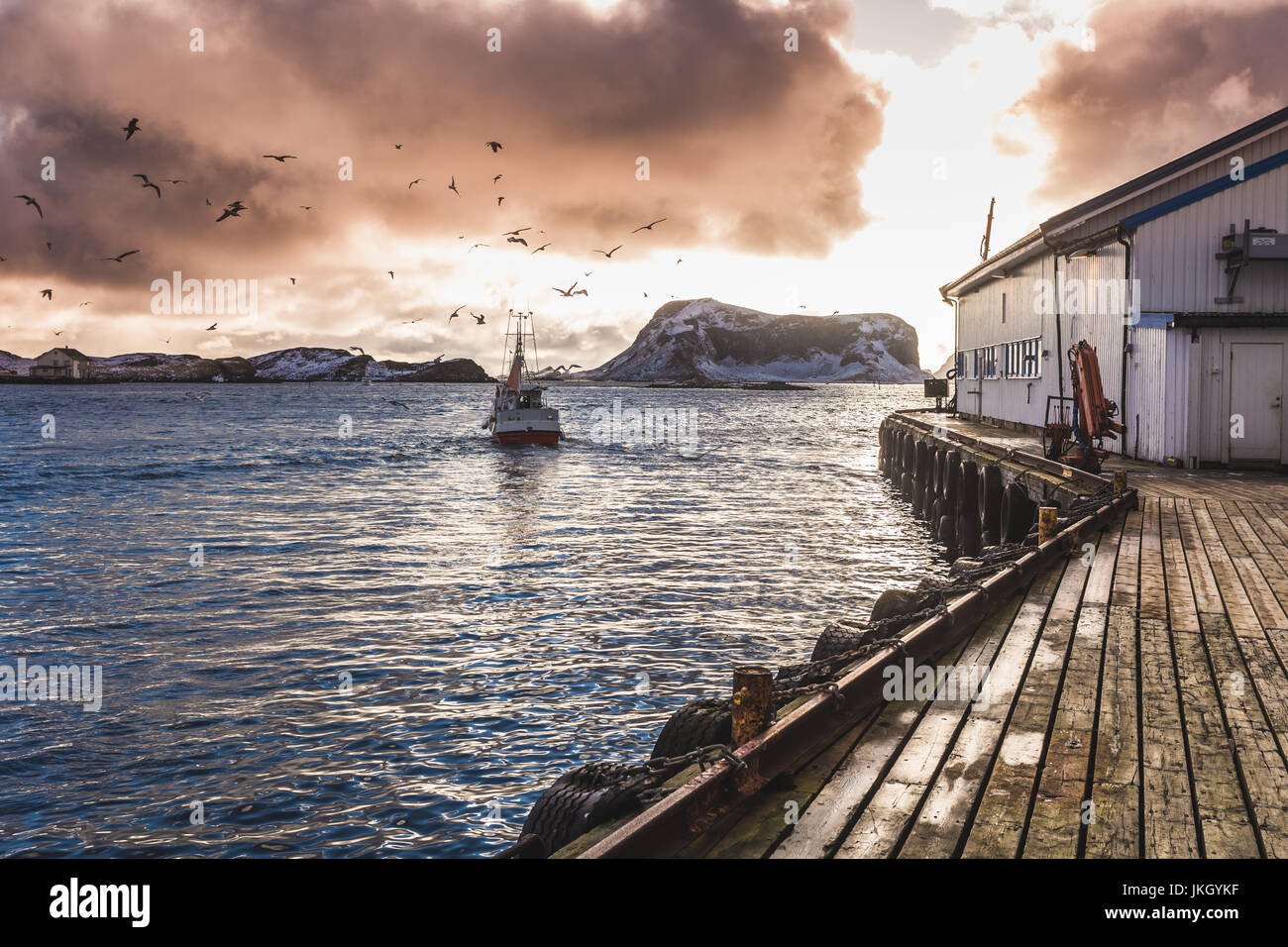 Traditional fishing harbor in Norway on island of Rost, Lofoten Stock Photo