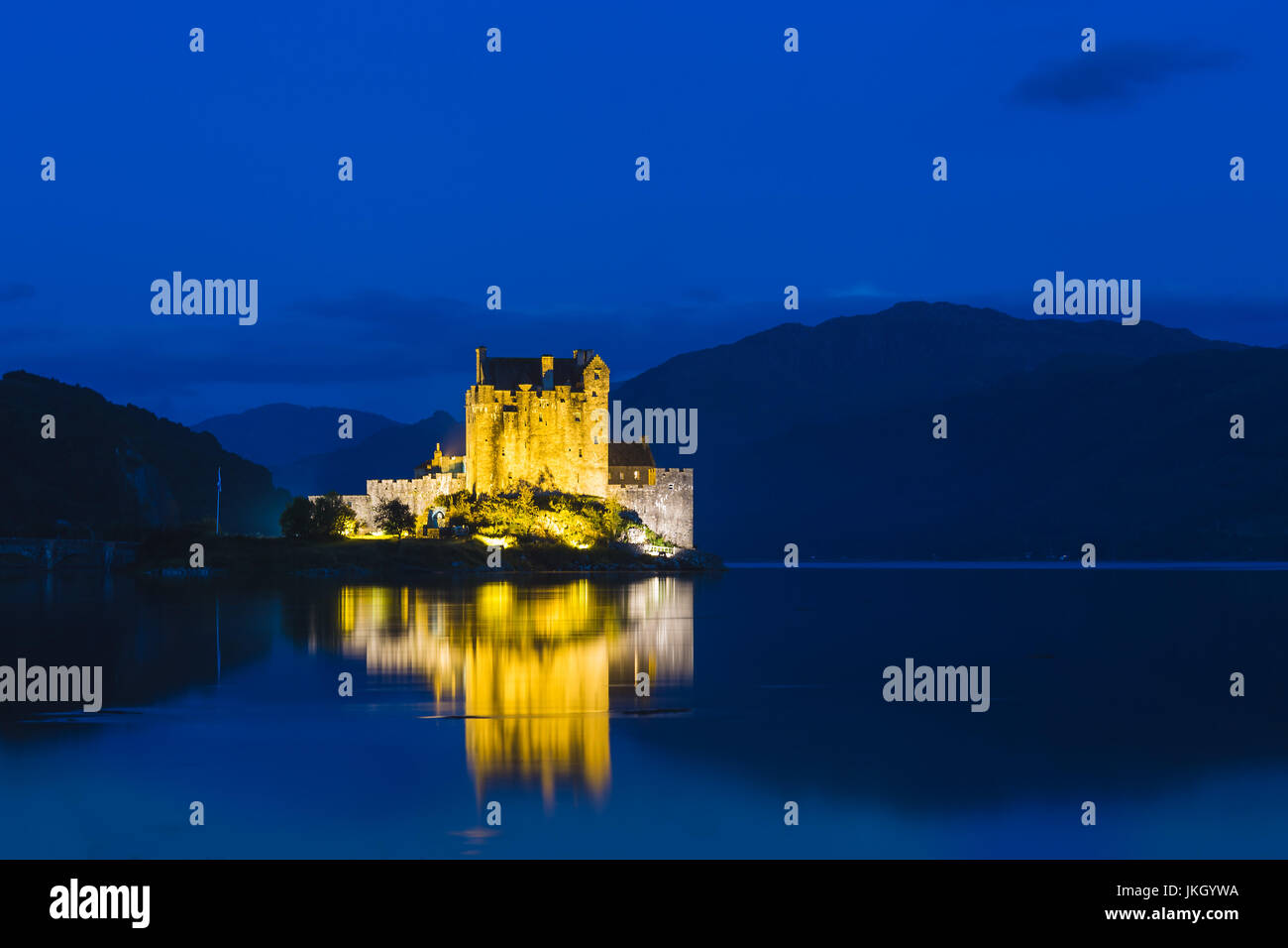 Floodlit Eilean Donan Castle, Dornie, Scotland Stock Photo