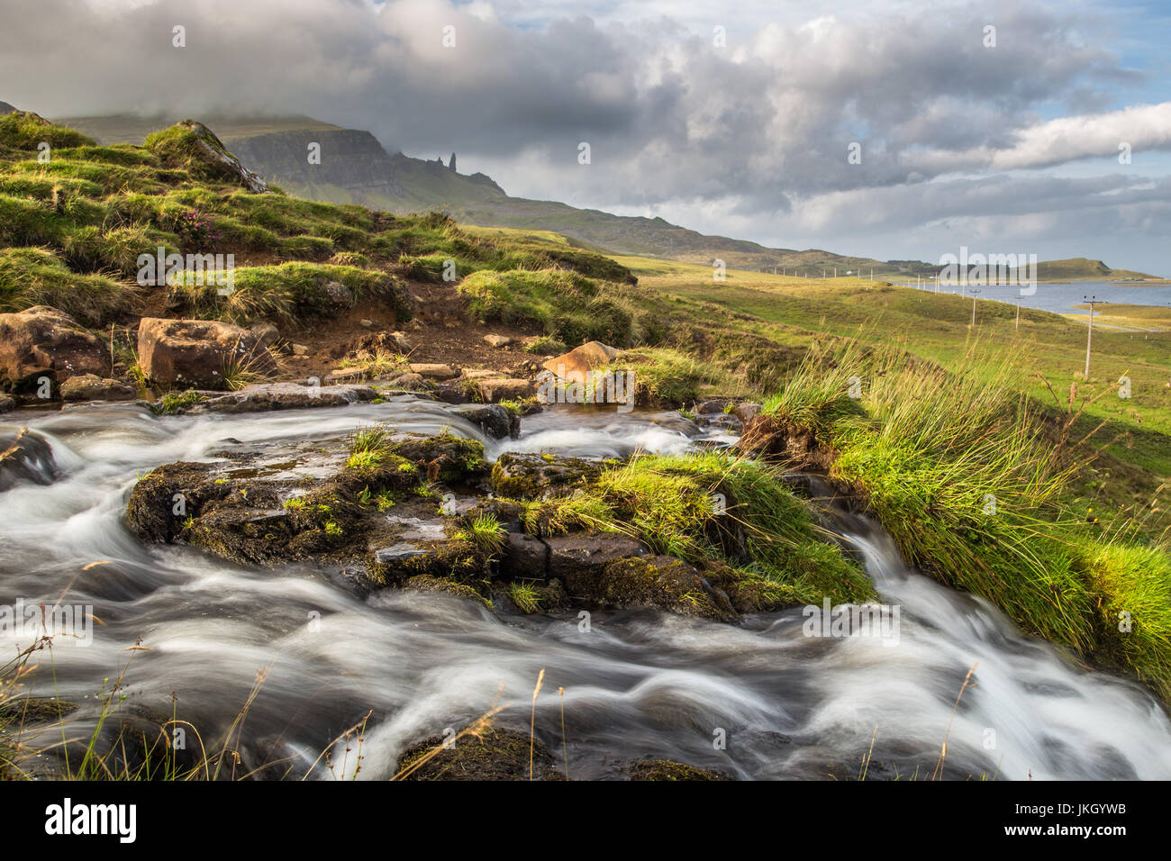Old man of Storr, Waterfall, Trotternish, Skye, Highland region, Scotland Stock Photo