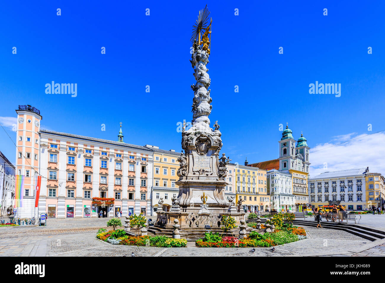 Linz, Austria. Holy Trinity column on the Main Square (Hauptplatz). Stock Photo