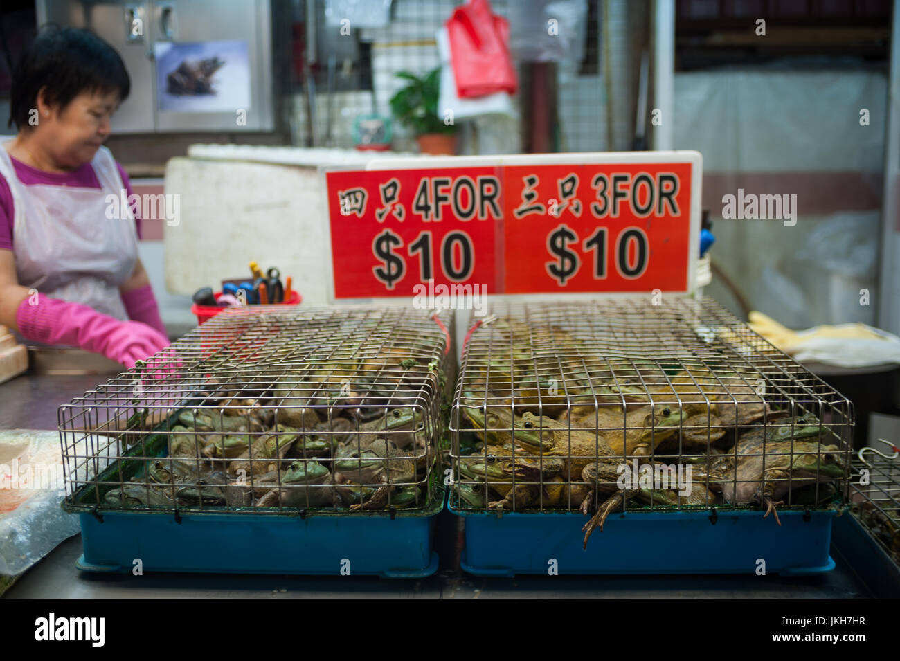 20.07.2017, Singapore, Republic of Singapore, Asia - A monger sells live frogs at a stall in the Chinatown Wet Market. Stock Photo