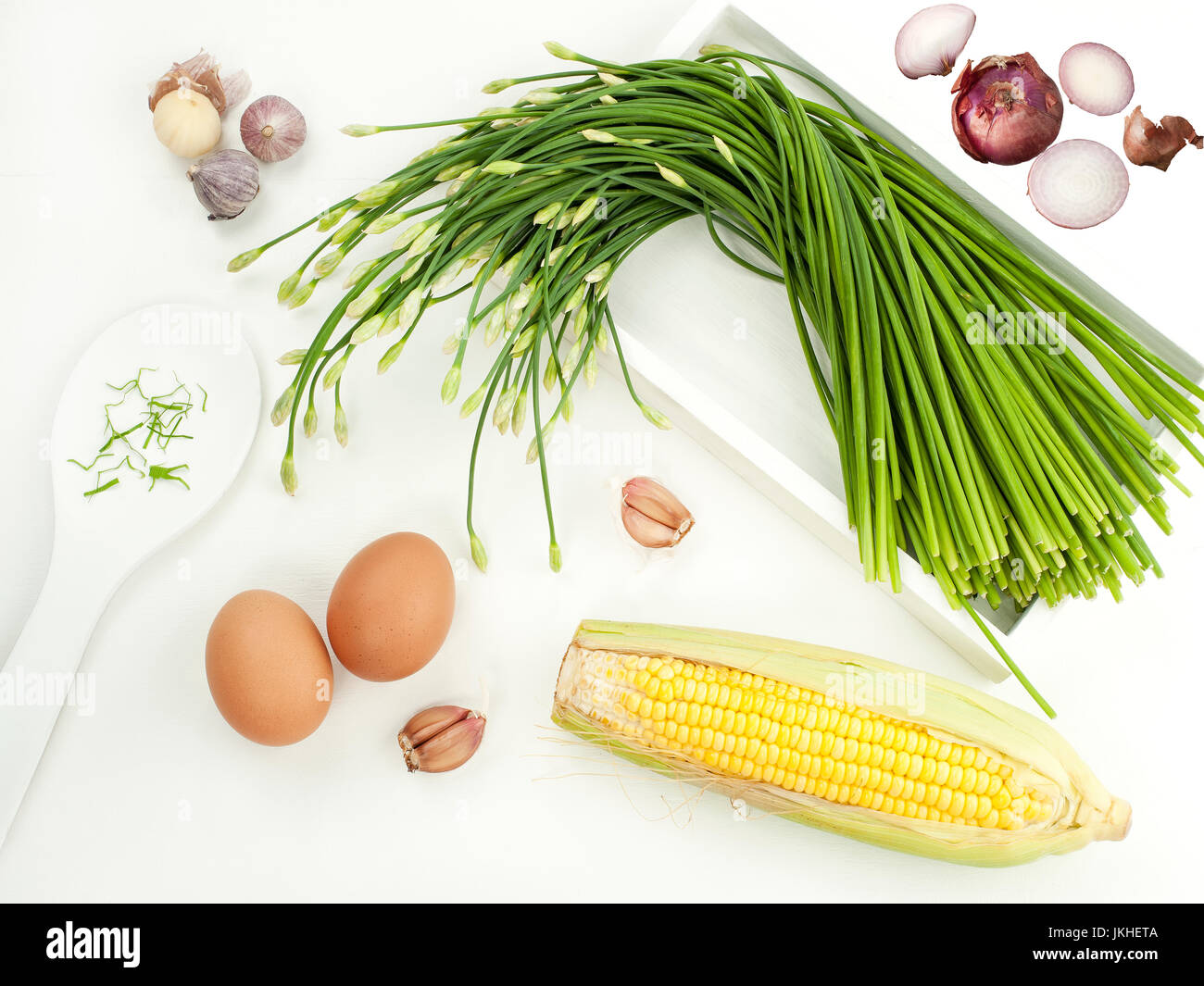 Garlic chives stir prepare with eggs garlic and mixers food menu Thai food and asian healthy food Stock Photo