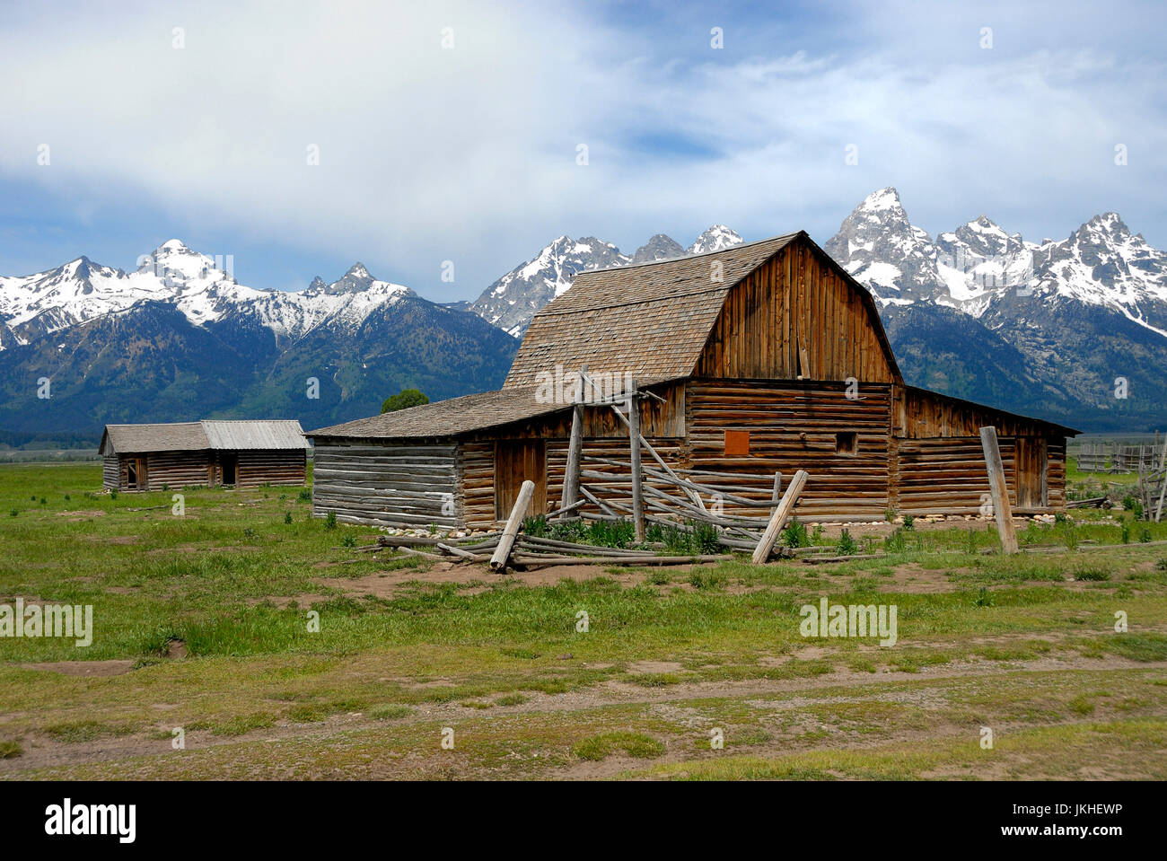 John Moulton Barn and the Teton Range from Mormon Row, Jackson Hole, Wyoming, USA Stock Photo