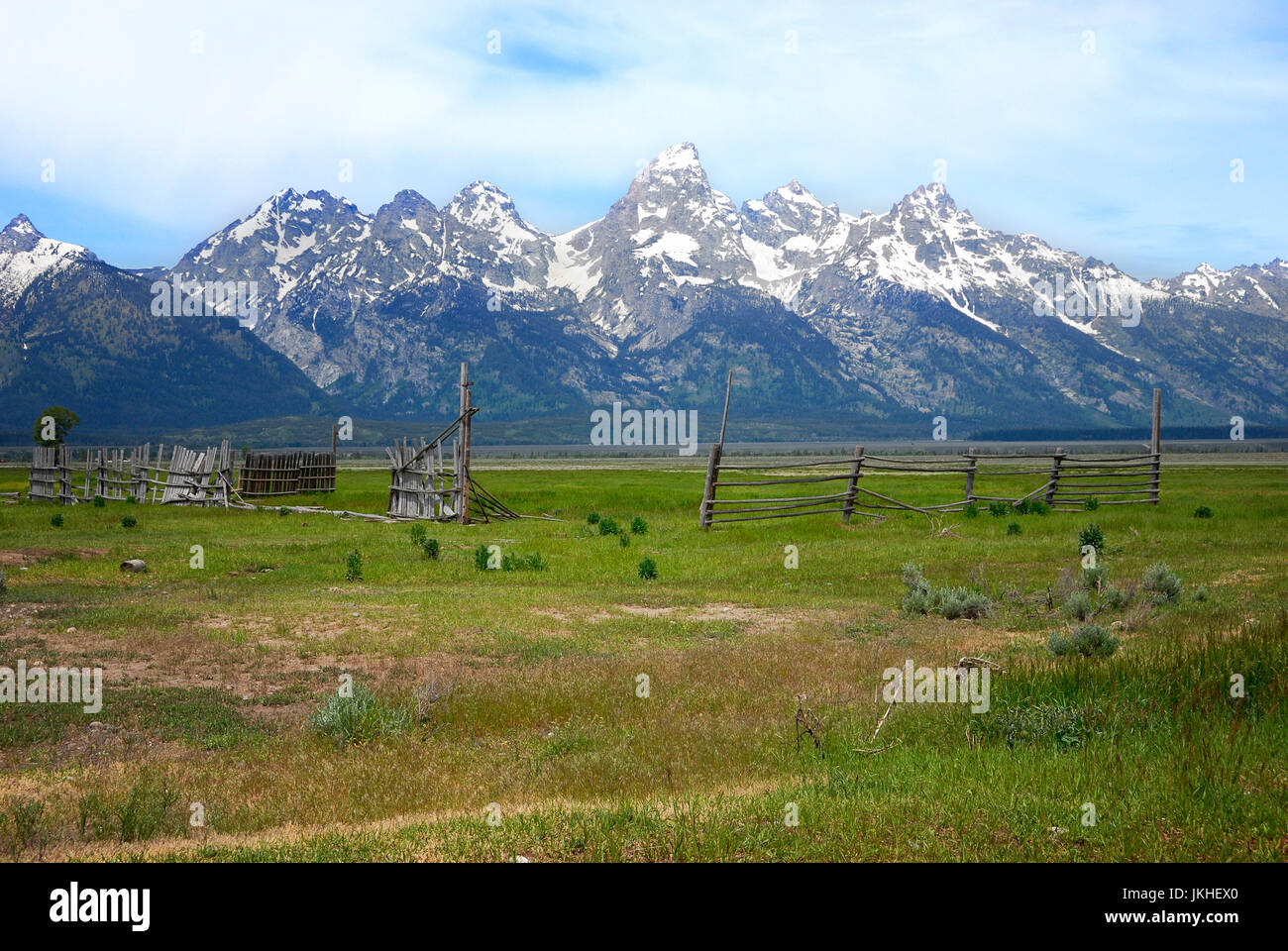 Corral at Mormon Row with the Grand Teton Range, Jackson Hole, Wyoming, USA Stock Photo