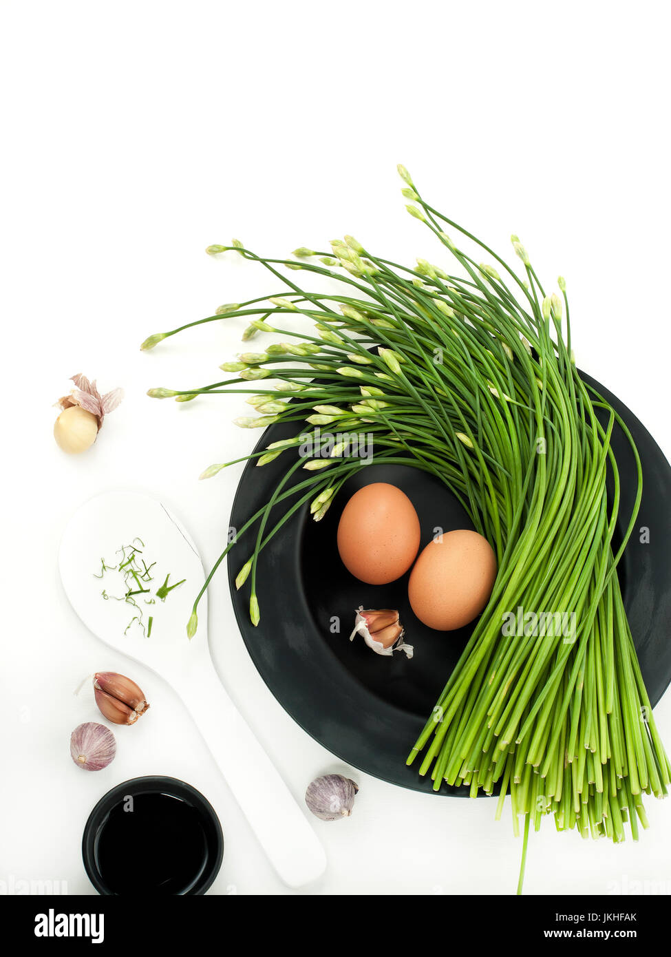 Garlic chives stir prepare with eggs garlic and mixers food menu Thai food and asian healthy food Stock Photo