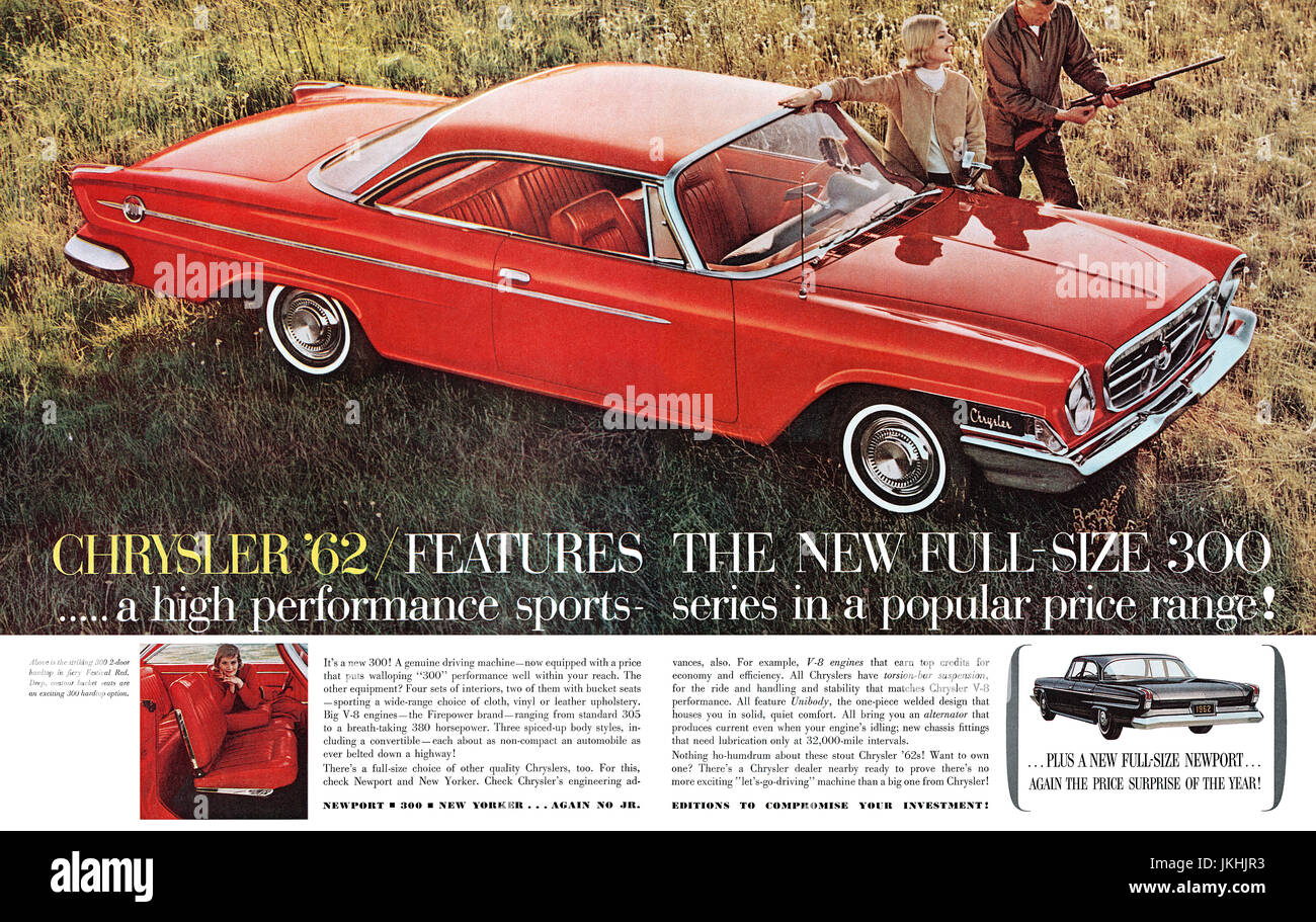 1961 U.S. advertisement for the 1962 Chrysler 300 car. Stock Photo
