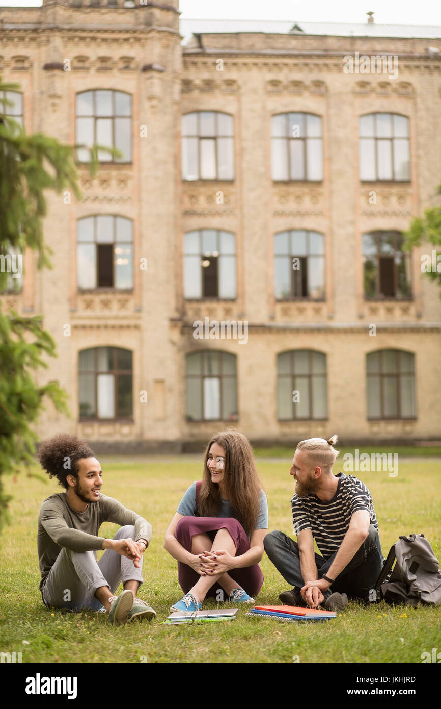 Students having lively conversation sitting on lawn Stock Photo - Alamy