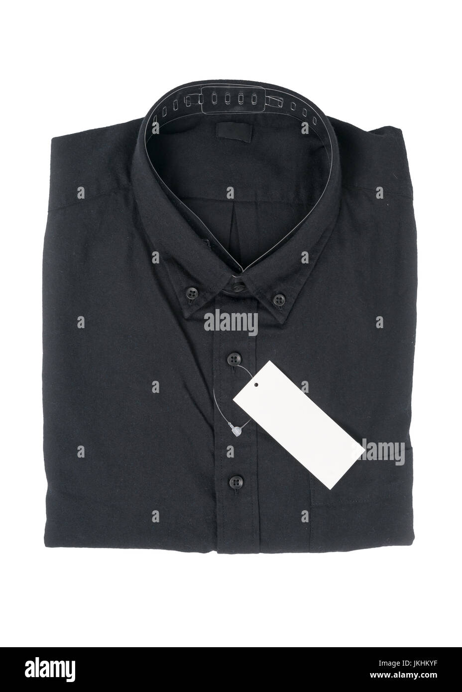black shirt with blank price tag isolated on white background Stock