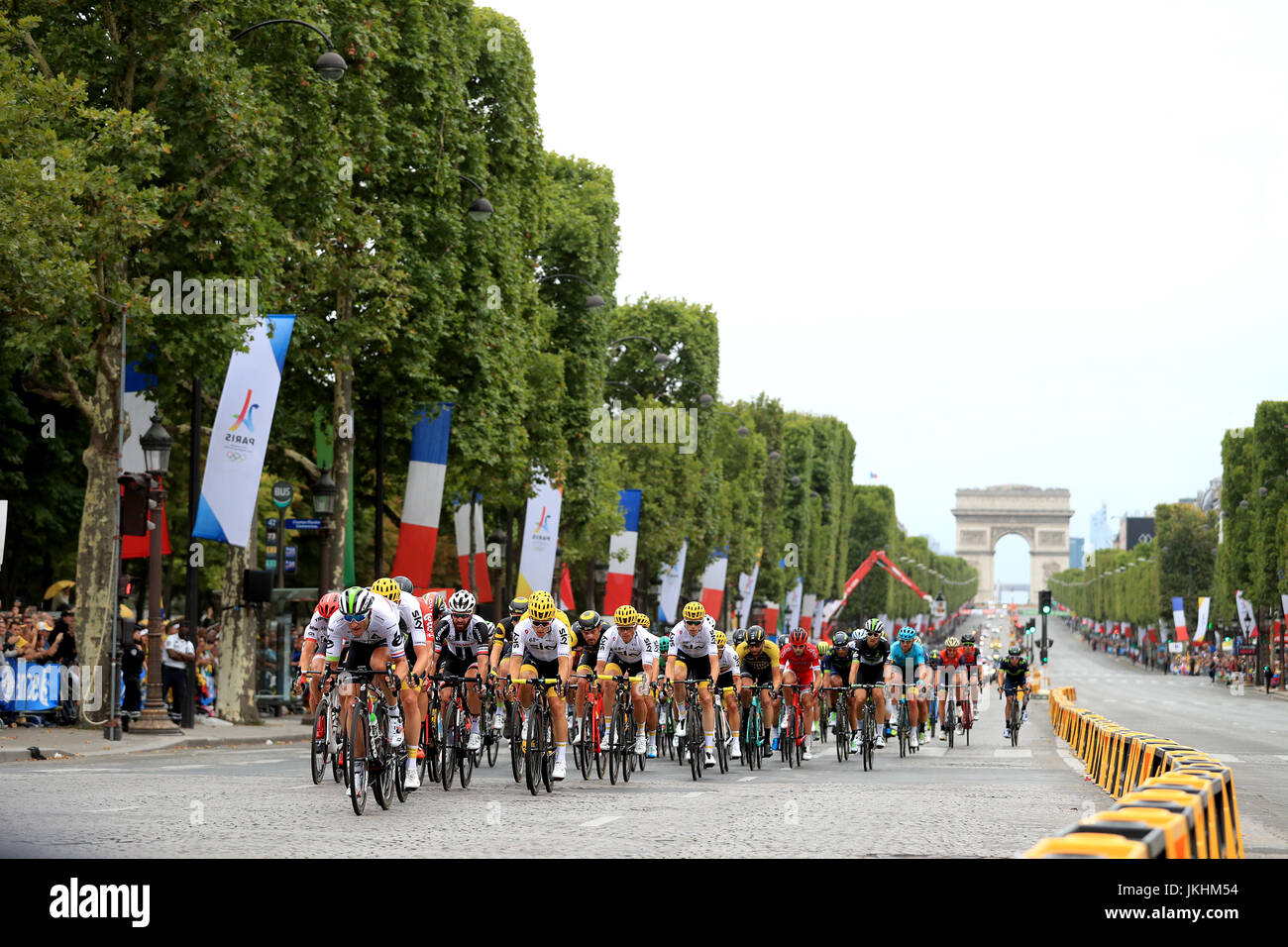 A general view as riders cycle down Champs-Elysees during stage 21 of the Tour de France in Paris, France. Stock Photo