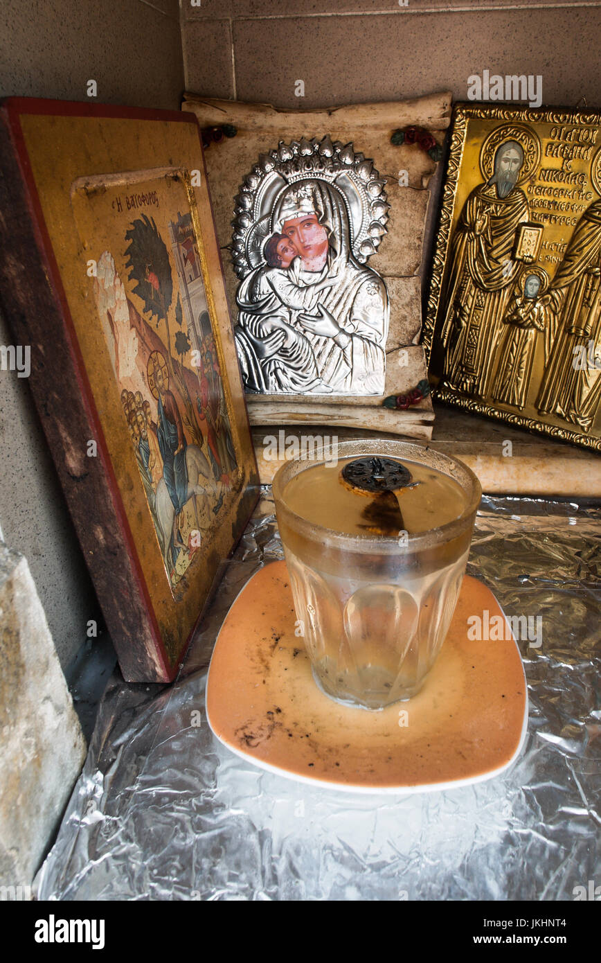 Small orthodox chapel (iconostasis) near Kalambaka city, Meteoras, Greece Stock Photo