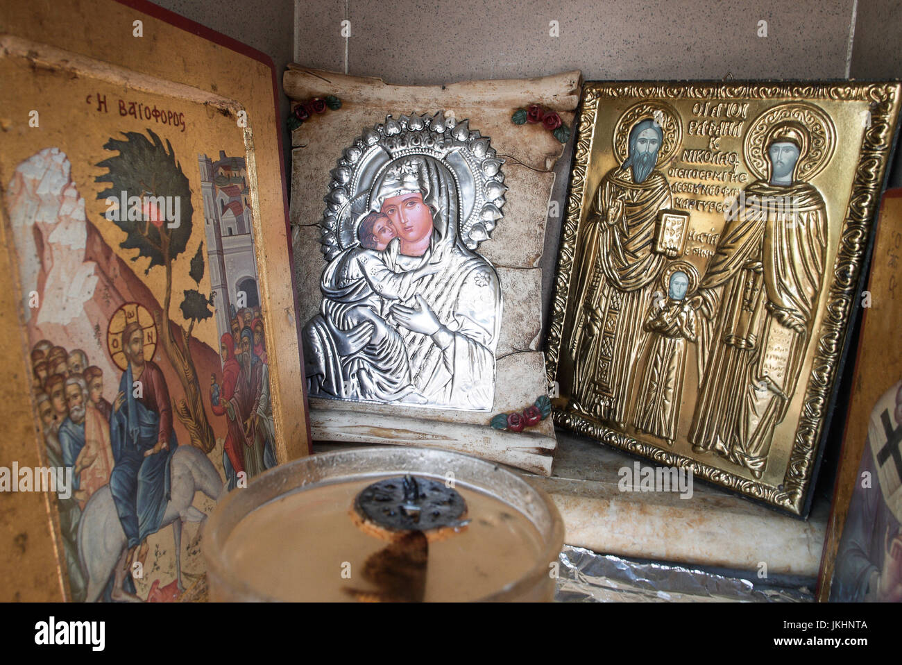 Small orthodox chapel (iconostasis) near Kalambaka city, Meteoras, Greece Stock Photo