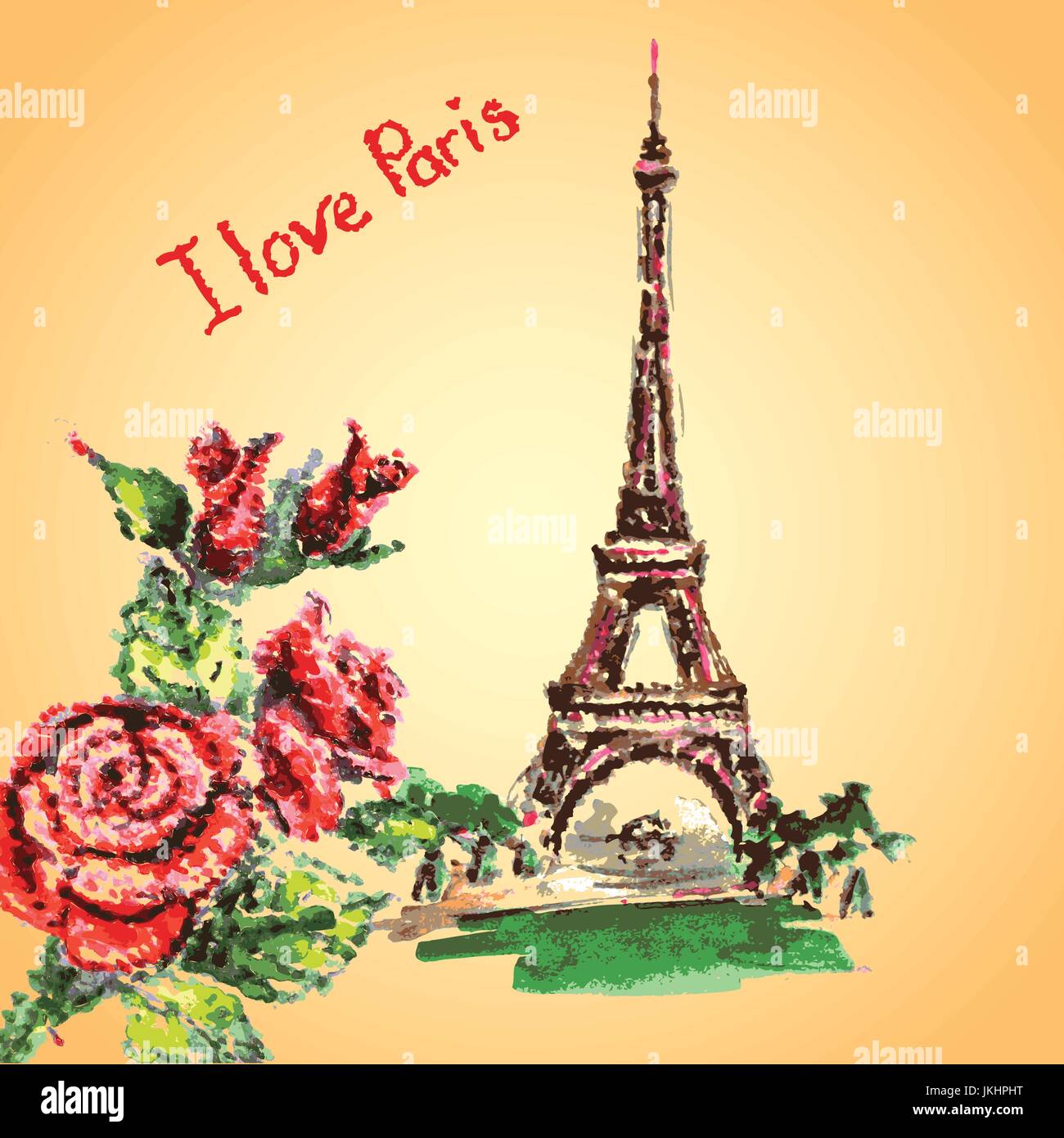 Eiffel tower,lettering,pink hearts.Hand drawn watercolor decor Stock Vector