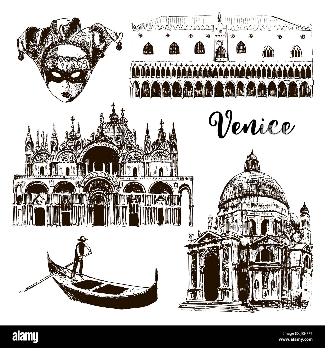 Venice architectural symbols: Carnival mask, palazzo, basilica, San Marco, gondola etc drawn vector sketch illustration Stock Vector