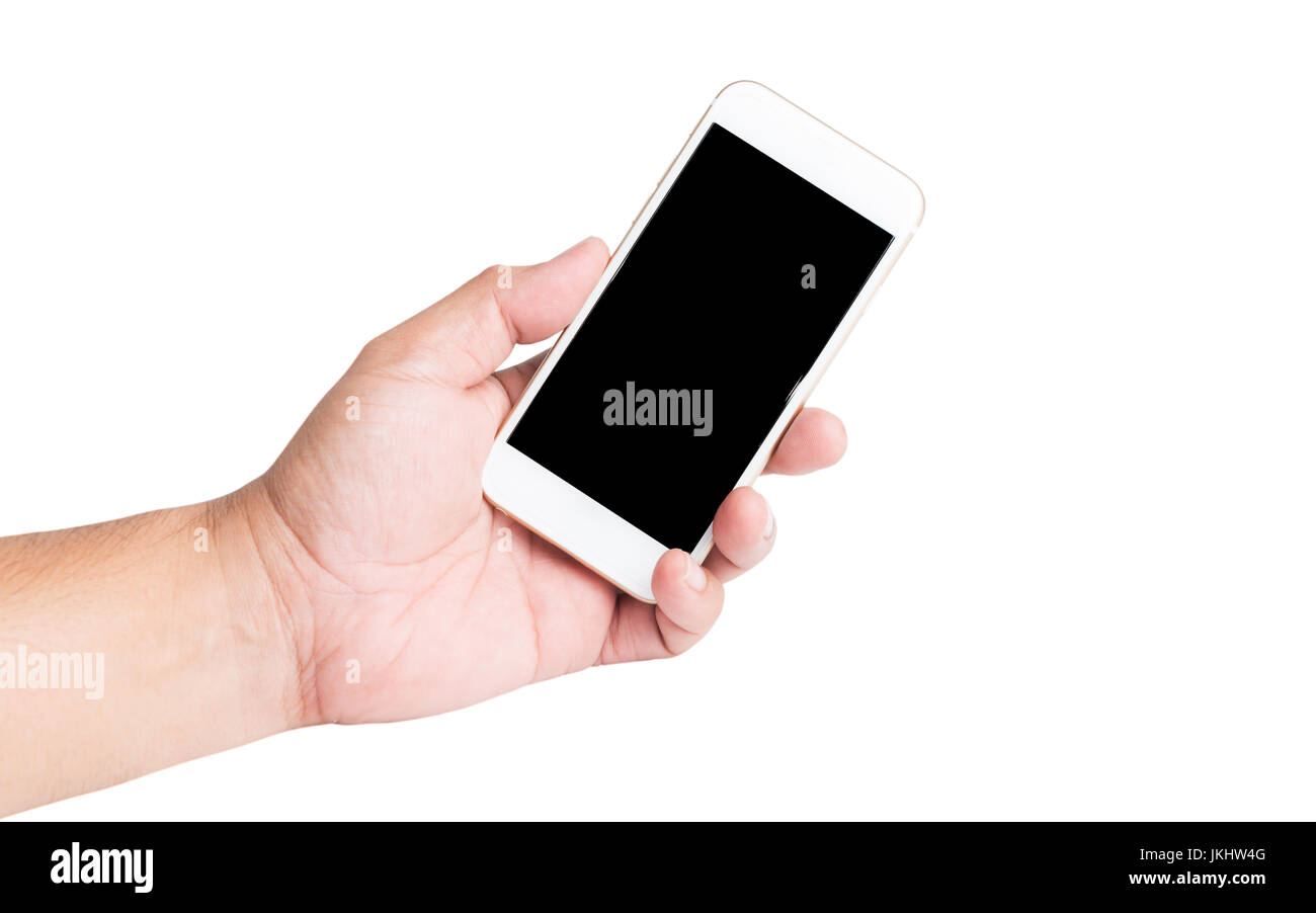 hand holding mobile smart phone with blank screen. Isolated on white ...