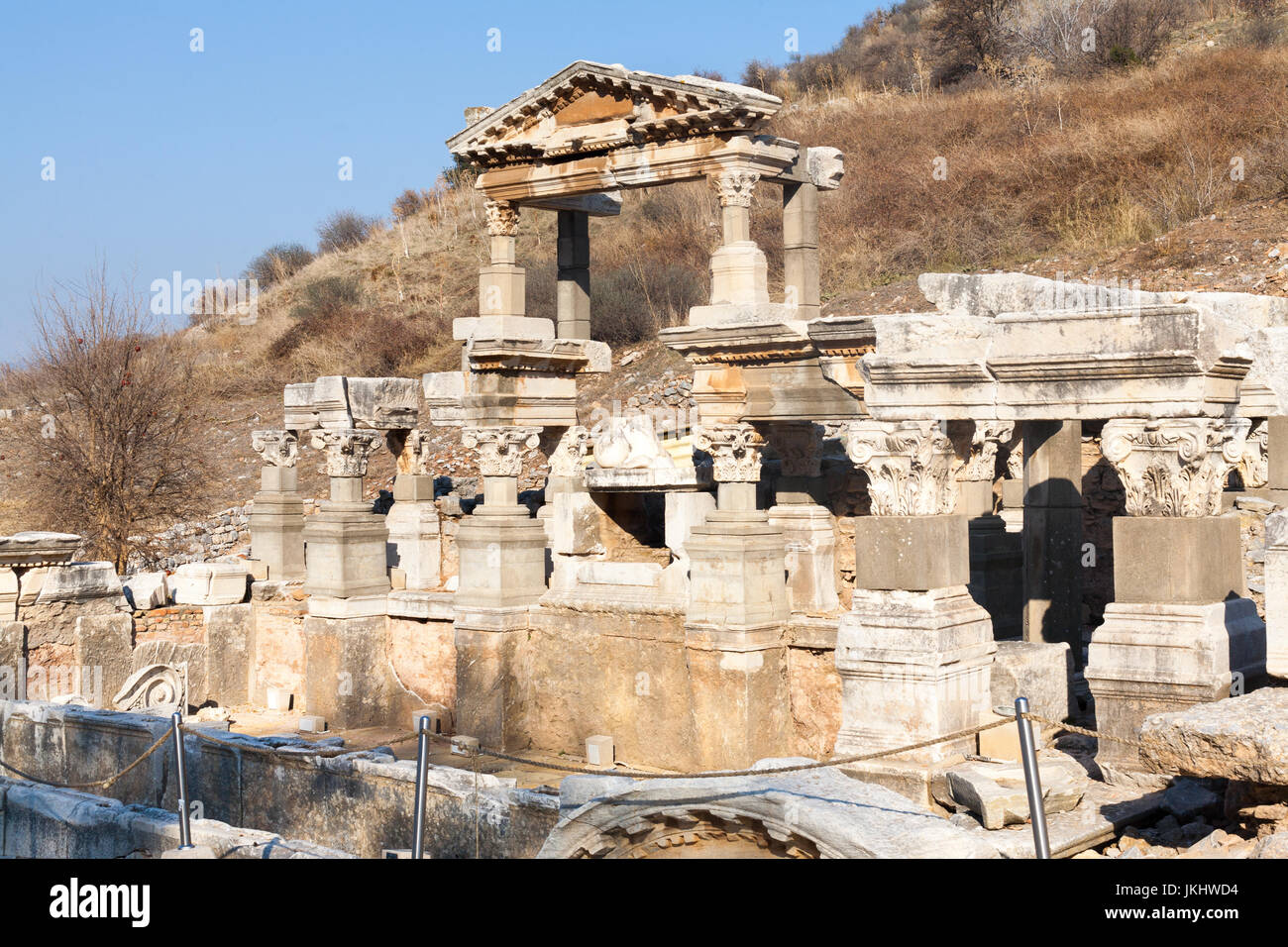 Rich people roman house ruins with stone columns row in ephesus Archaeological site in turkey Stock Photo