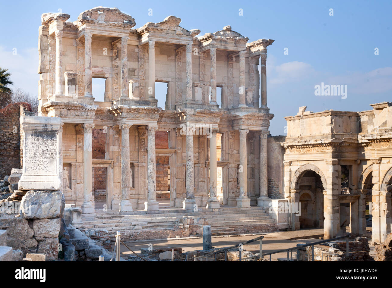 Roman Library facade with stone columns in ephesus Archaeological site in turkey Stock Photo