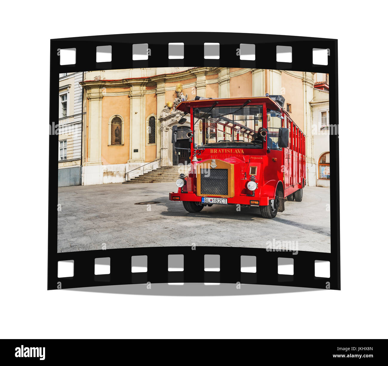 A red bus of the city tour Bratislava in front of the Trinitarian Church, Bratislava, Slovakia, Europe Stock Photo