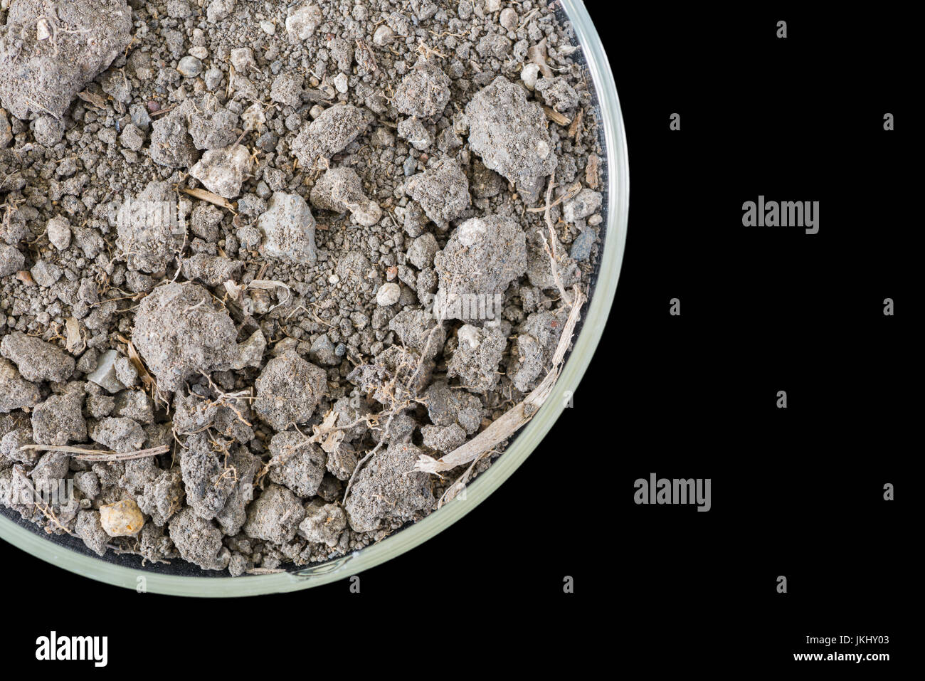 macro of dry soil on petri dish, concept science research or science