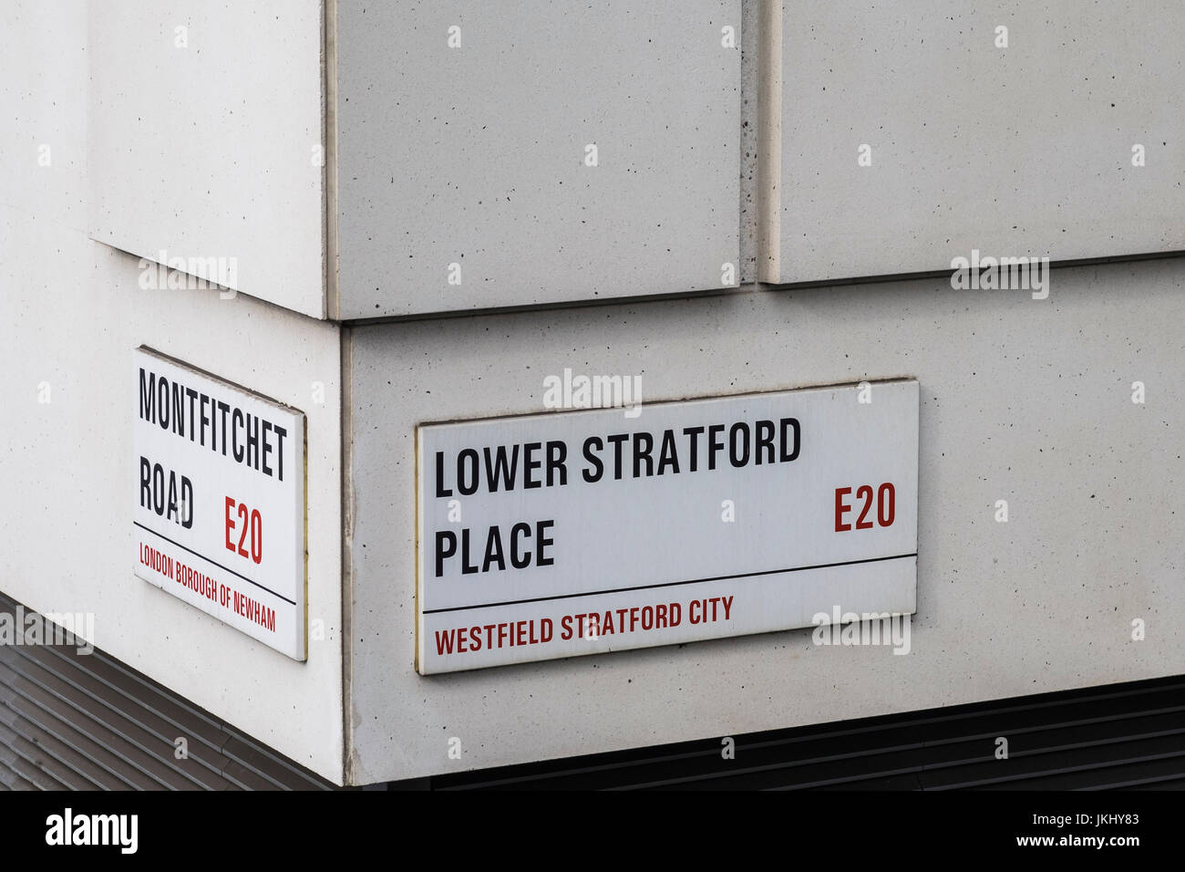 Montfitchet Road & Lower Stratford Place street sign, Westfield Stratford City, Borough of Newham, London, England, U.K. Stock Photo