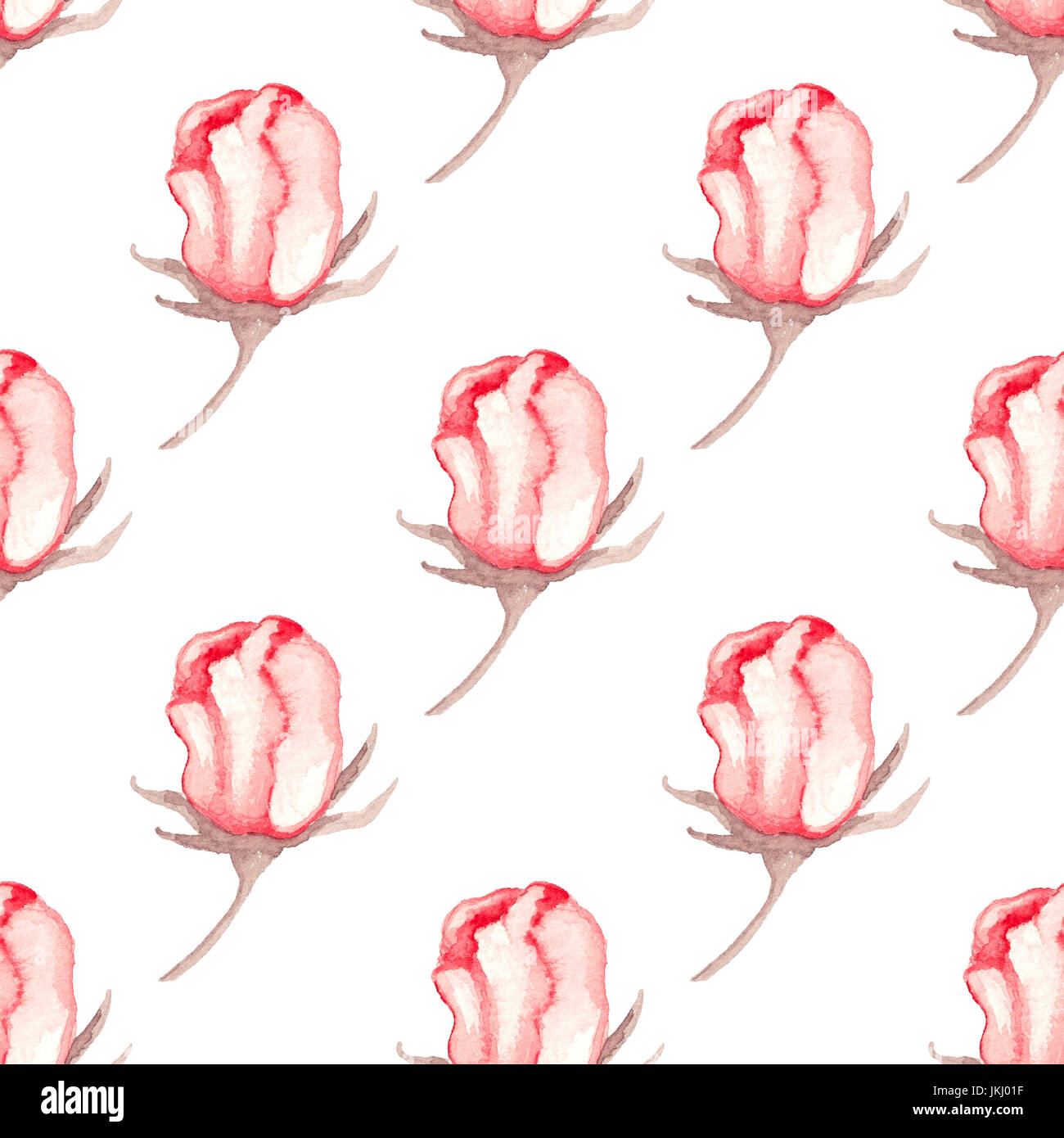 Hand drawn watercolor seamless pattern with red roses on a white ...