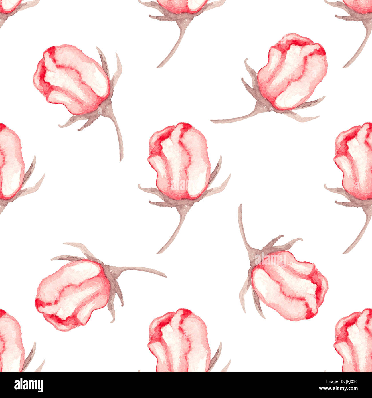 Hand drawn watercolor seamless pattern with red roses on a white ...