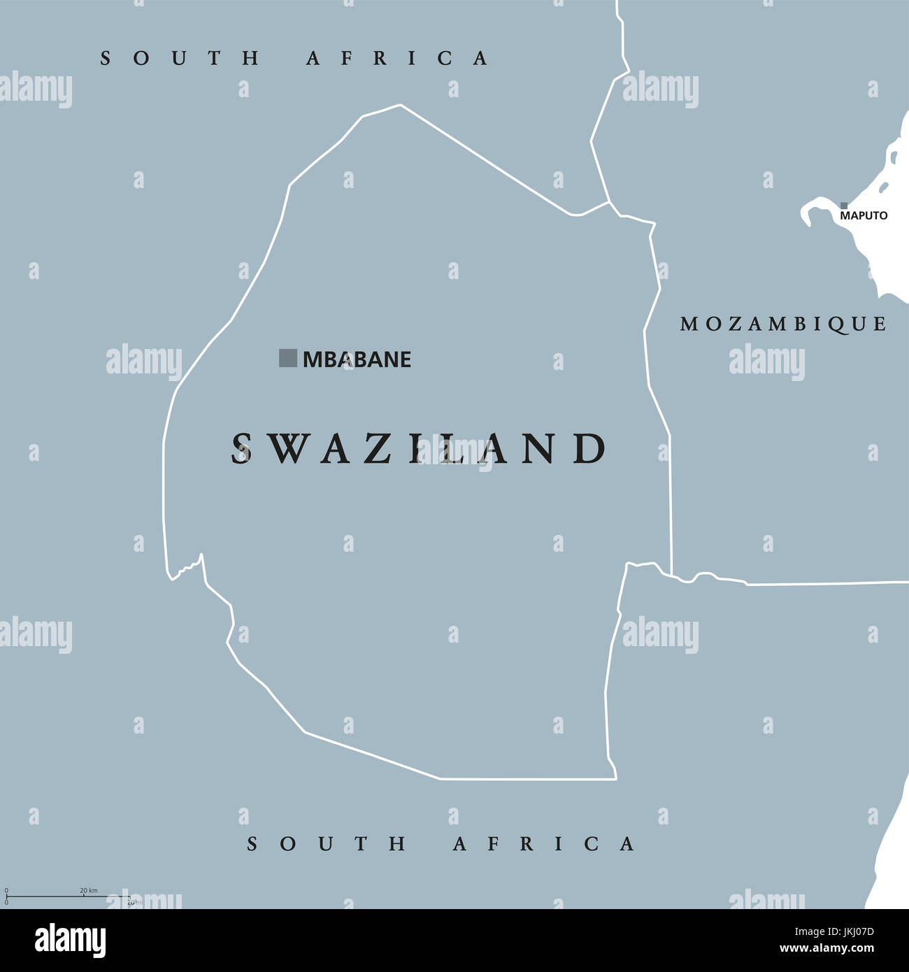 Swaziland political map with capital Mbabane. Kingdom of Eswatini, sometimes called Kangwane. Sovereign state and landlocked country in South Africa. Stock Photo