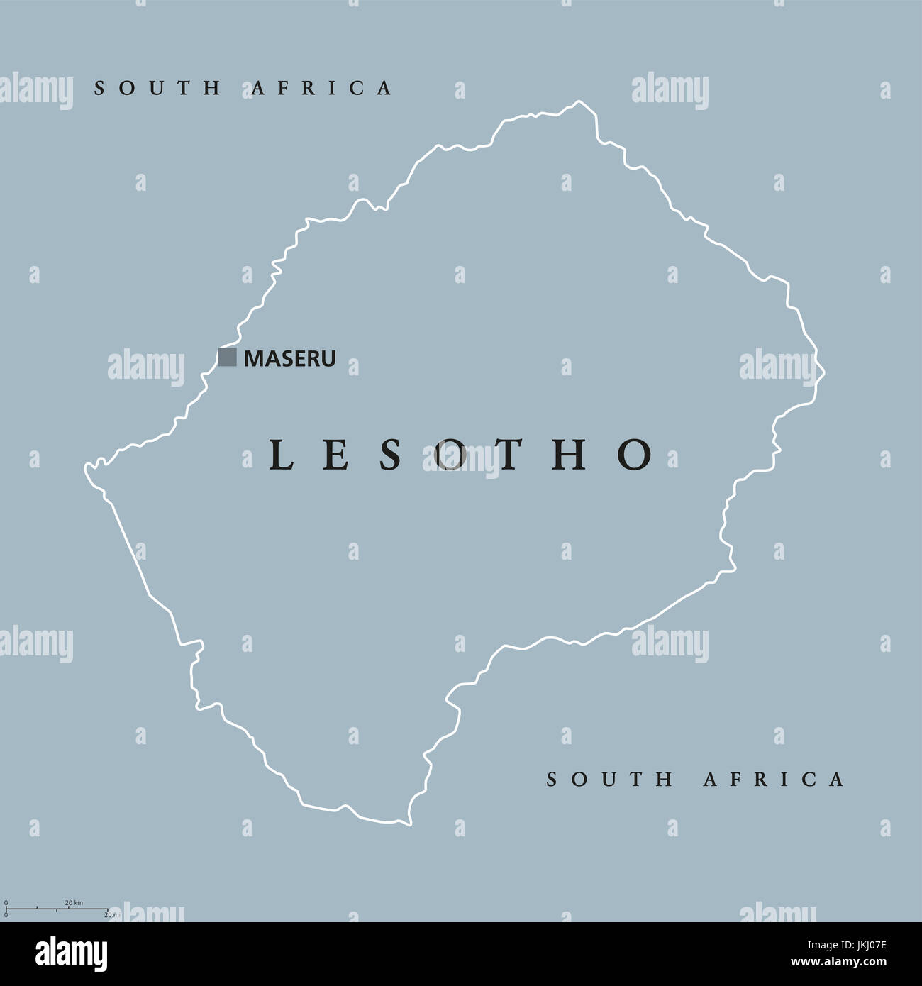 Lesotho political map with capital Maseru. Kingdom and landlocked country in South Africa. Previously known as Basutoland. Gray illustration. Stock Photo
