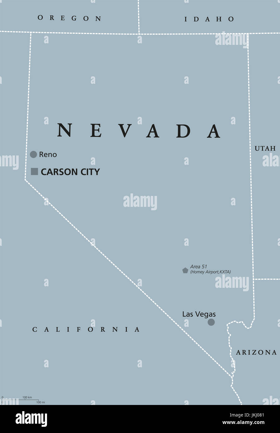 Nevada political map with Las Vegas, Reno and capital Carson City. State in the Western, Mountain West, and Southwestern regions of the United States. Stock Photo