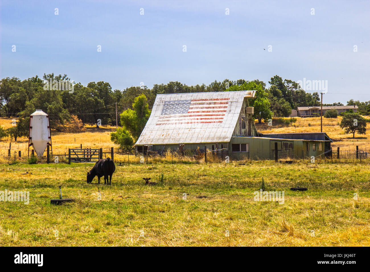 Ranch With Old Sheds & Barn With Faded American Flag On Tin Roof Stock Photo