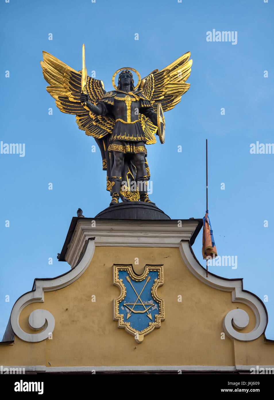 KYIV, UKRAINE - JUNE 10, 2016:  Archangel Michael which stands atop of the Lach gates in Nezalezhnosti in Kiev (Kyiv) Stock Photo