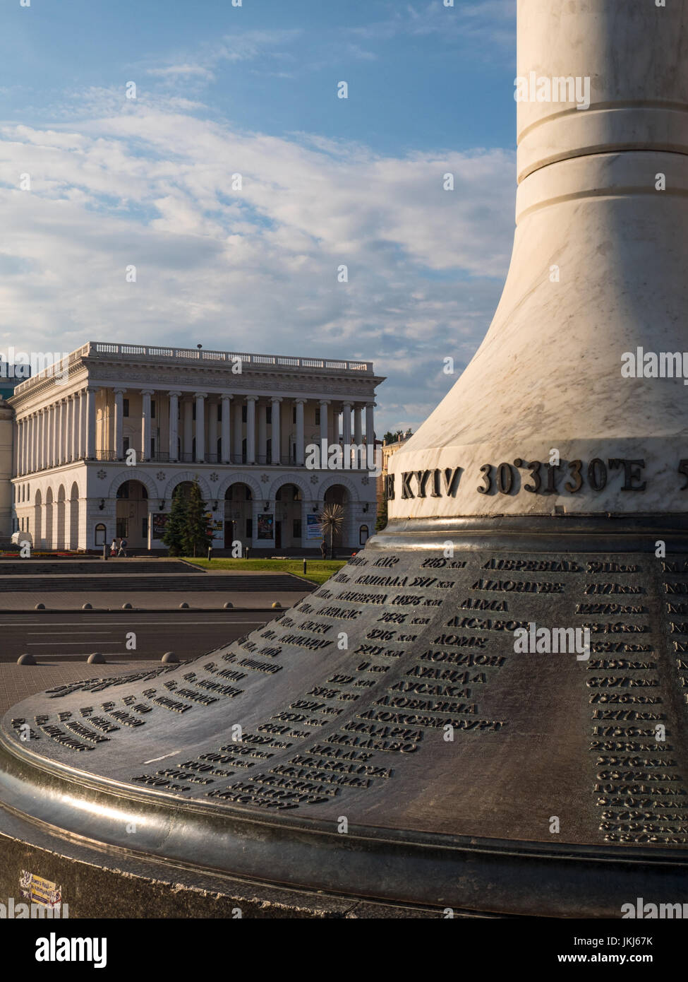 KYIV, UKRAINE - JUNE 10, 2016:  Postal Distance Column monument by the Main Post Office Building on Independence Square Kiev (Kyiv), Ukraine Stock Photo