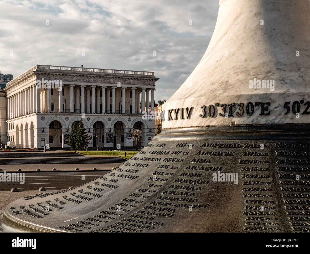 KYIV, UKRAINE - JUNE 10, 2016:  Postal Distance Column monument by the Main Post Office Building on Independence Square (Maidan Nezalezhnosti) Stock Photo
